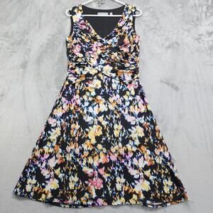 b-slim Dress Size S Black Floral Crossover Bodice Sleeveless V-Neck Knee Length